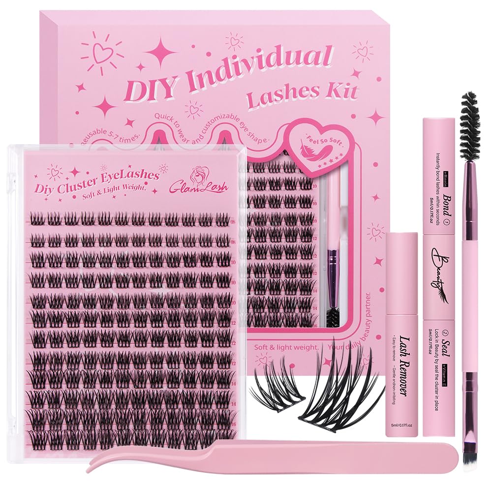 GLAMLASH Ciglia Finte Ciuffetti Kit Extension Ciglia Lash Clusters con Bond e Rimuoviciglia 8-16mm,DIY Eyelash Extension Kit (DM-FD14)