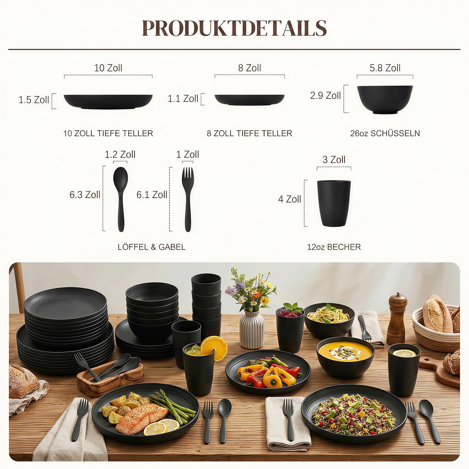 Wrova Service de table réutilisable en plastique noir pour 8 personnes - 48 pièces - Ensemble d'assiettes et de bols avec fourchettes et cuillères - Vaisselle légère pour cuisine, camping, école