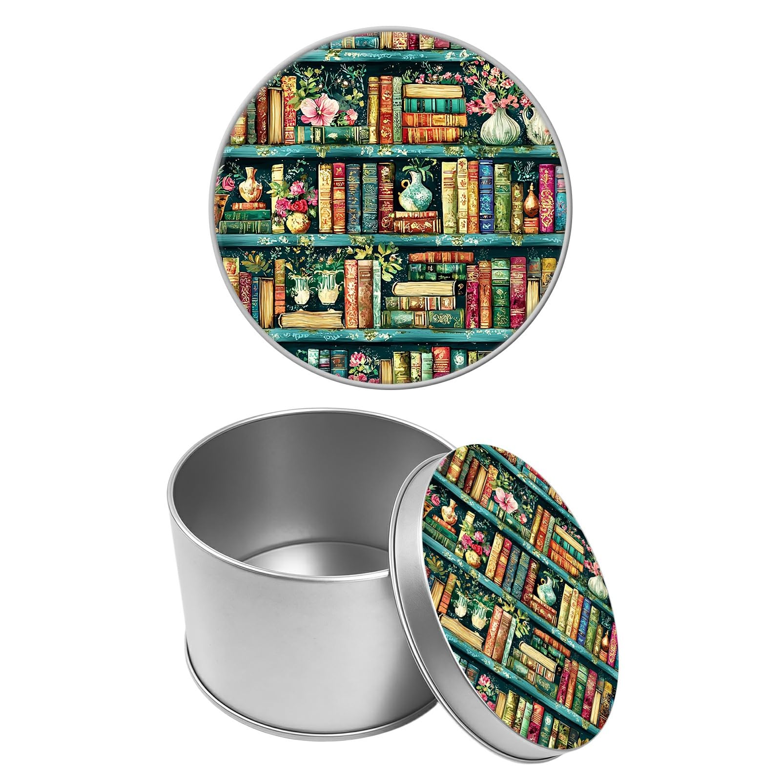 Round Metal Tin Container with Removable Lid, Retro Library Durable Metal Storage Box for Cookies Spices Tea Candies Cakes Jewelry Cosmetics 3.54 x 2.36 inch– Single Pack