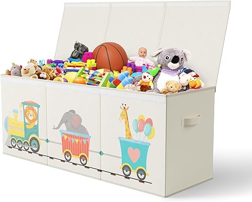 Organizador de almacenamiento de juguetes plegable extra grande con tapas, caja de juguetes de tren de animales para niños y niñas, 40 x 16 x 16
