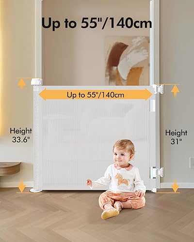 Miniatura 2 de Puerta retráctil para bebés para escaleras y puertas, 55 pulgadas de ancho x 33.6 pulgadas de alto, puerta de malla para perros de fácil instalación