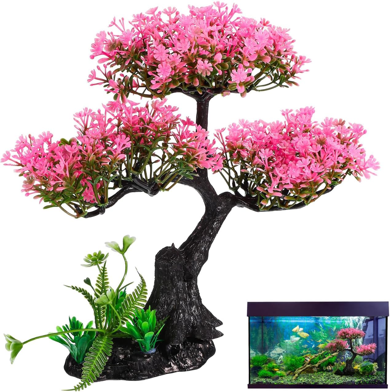Didiseaon Aquarium Artificial Plants Decor, Pink Cherry Blossom Tree Grass Set Plastic for Fish Tank Accessories, Fish Tank Decorations, 11.4 X 9.4 X 4 Inches