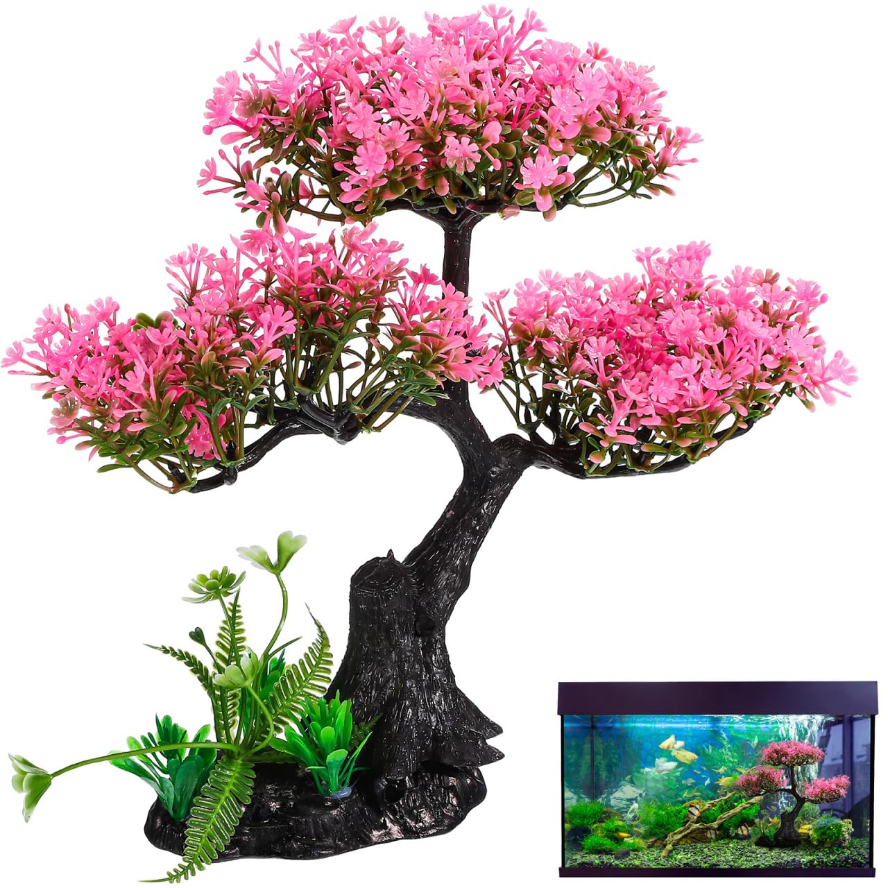 Didiseaon Aquarium Artificial Plants Decor, Pink Cherry Blossom Tree Grass Set for Fish Aquarium Decoration, Fish Bowl Ornaments, 11.4X9.4X4 Inches