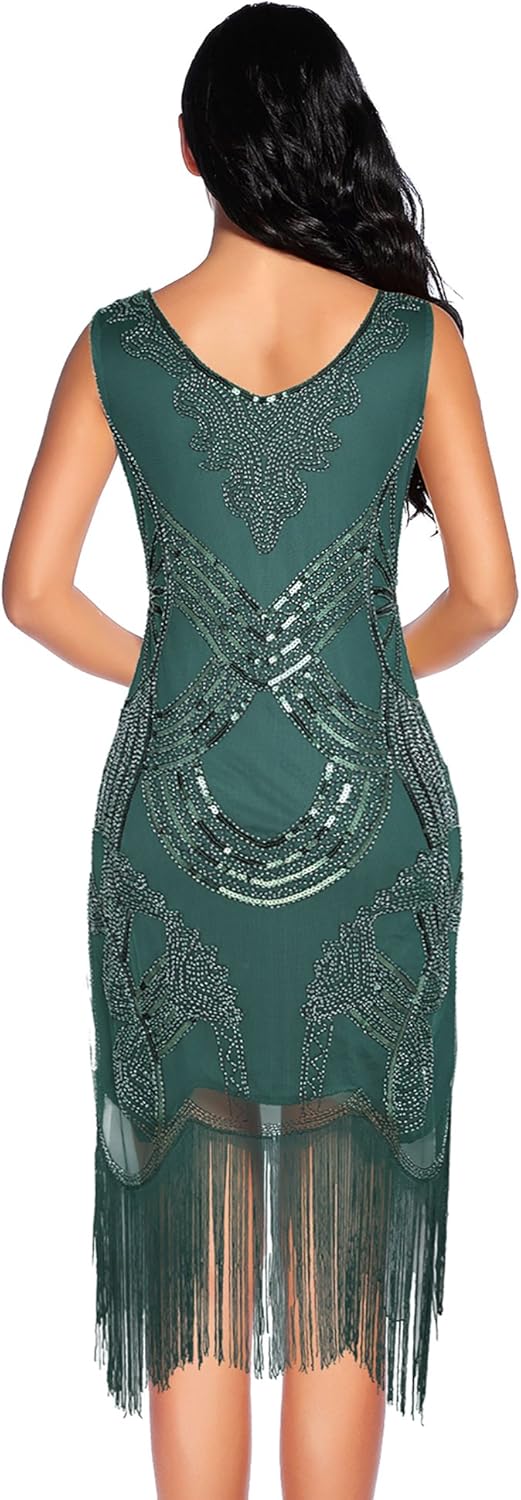 Women's 1920s Gatsby Dress V Neck Sequin Bead Fringed Cocktail Hem Flapper Dress - Image 2