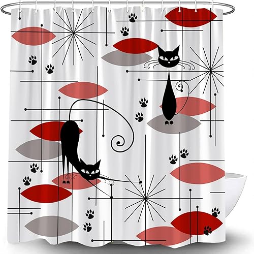 Miniatura 5 de Cortina de ducha moderna de mediados de siglo, gato negro, retro, atómico, negro, abstracto, geométrico, icónico de los años 50 y 60, estética Verde