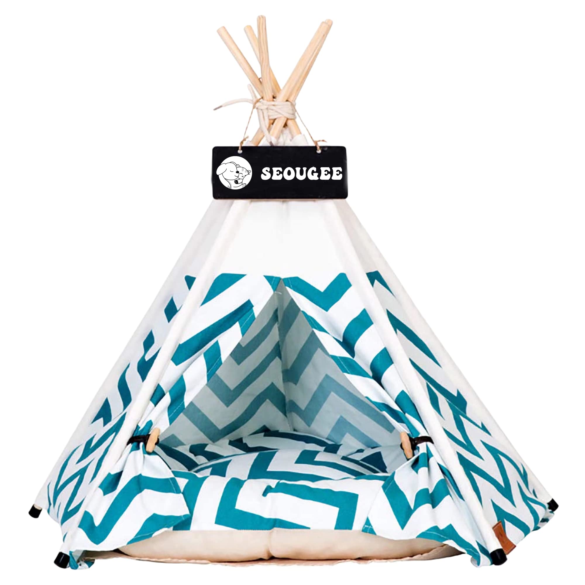 SEOUGEE Mascotas Tipi tienda de campaña para perros y gatos lavable y extraíble lona de algodón cama perro y gato casa con cojín interior y exterior mascota perrera y casa de juegos portátil y