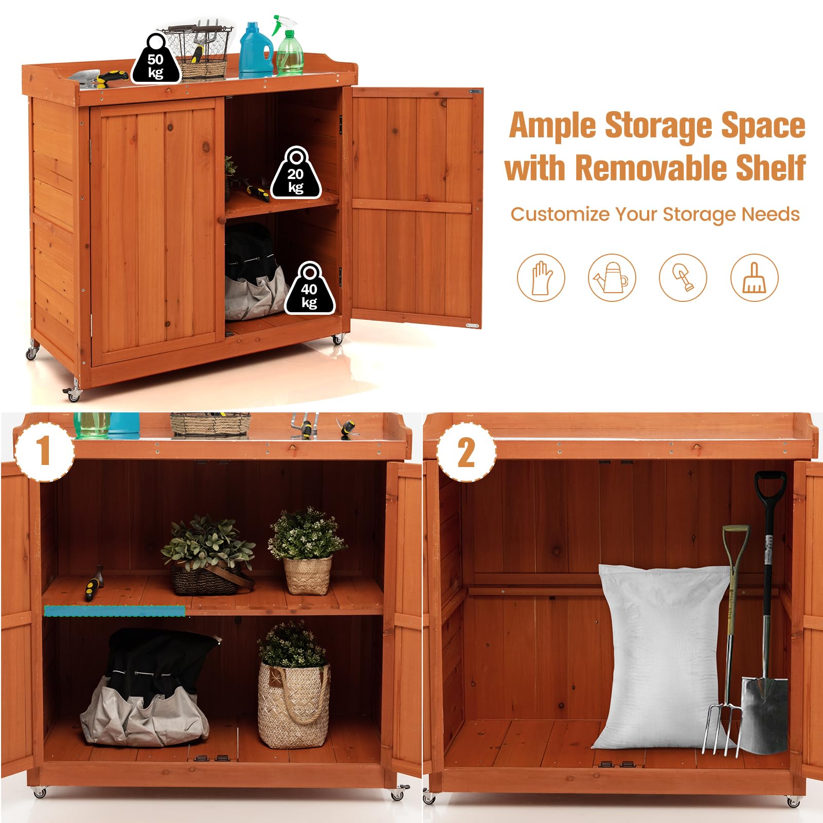 HOMASIS Armoire de jardin d'extérieur en bois résistant aux intempéries avec plan de travail, armoire à outils avec roulettes et étagère amovible, table pour terrasse, jardin, balcon, 98,5 x 48 x 100