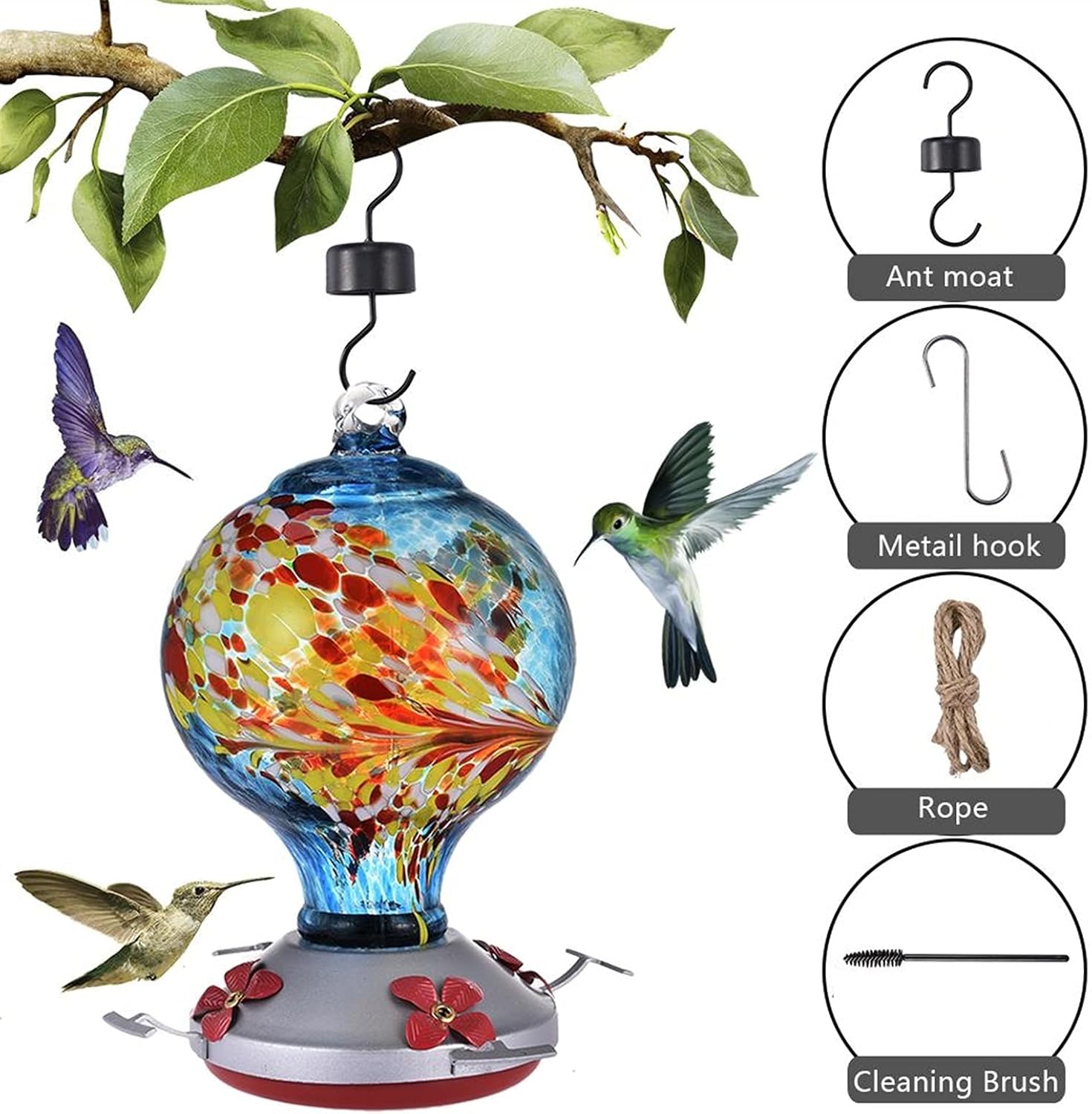 Hummingbird Feeder, Glass Flower Bird Feeder, Hummingbird Water Container for Garden, Outdoor Hummingbird Feeder