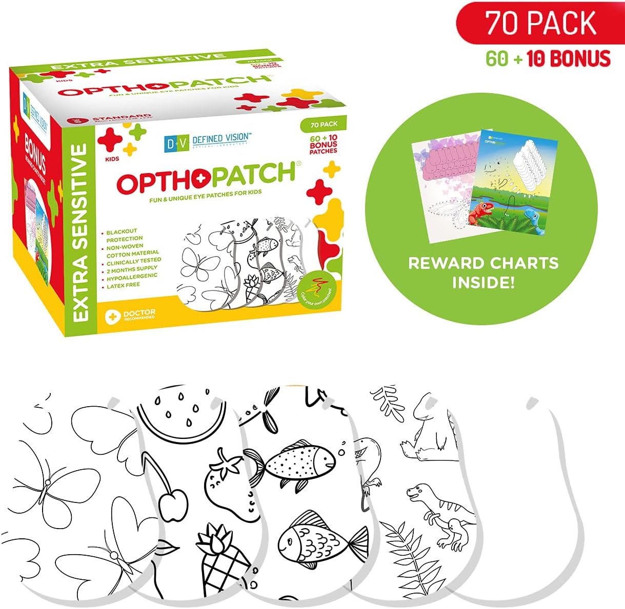 Opthopatch Eye Patches for Kids - Extra Sensitive Adhesive - Color Your Own Patch - 70 Count + 2 Reward Charts