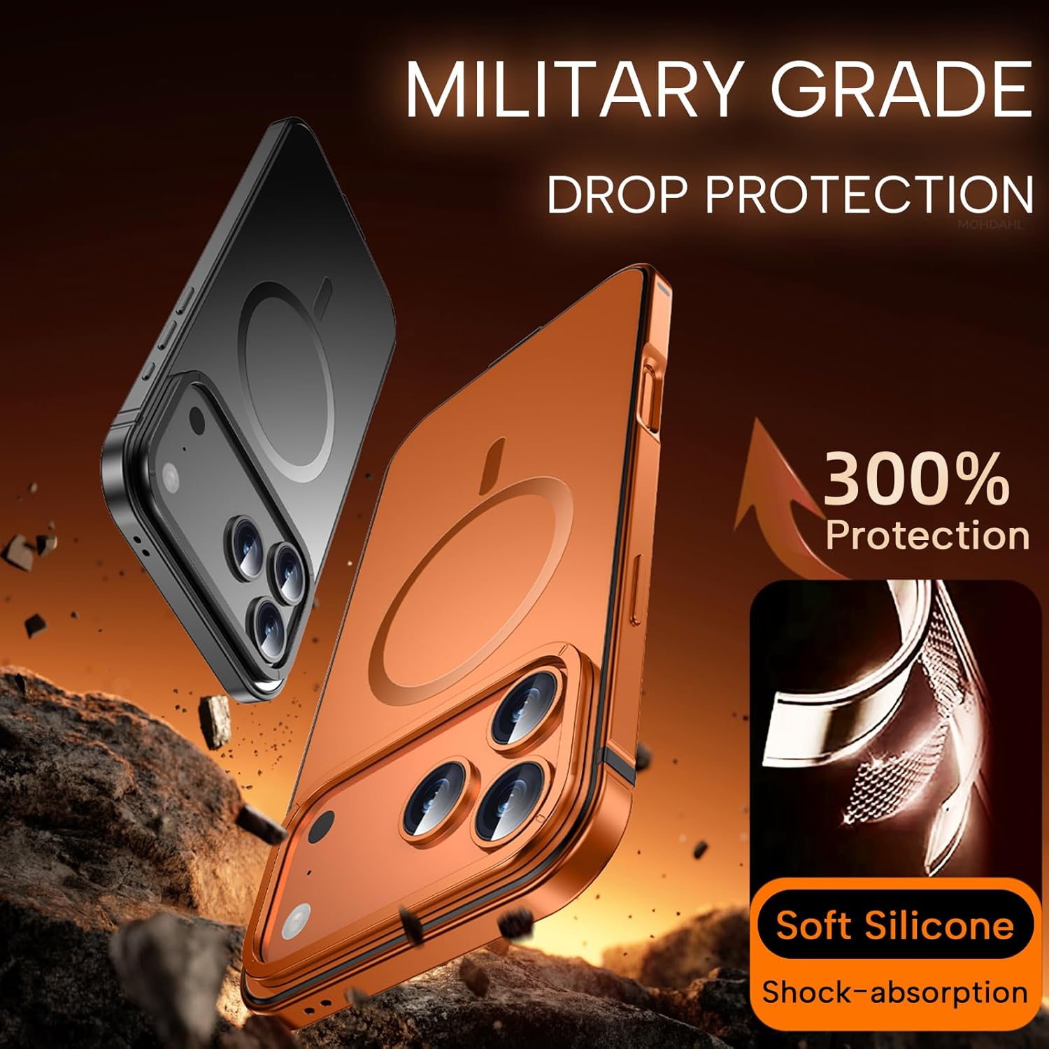 Magnetic Case for iPhone 17 Pro Max, Stainless Steel Metal Frame Matte Finish Coating Back [Compatible with MagSafe] Shockproof Anti-Fingerprint with Metall Camera Ring, Orange