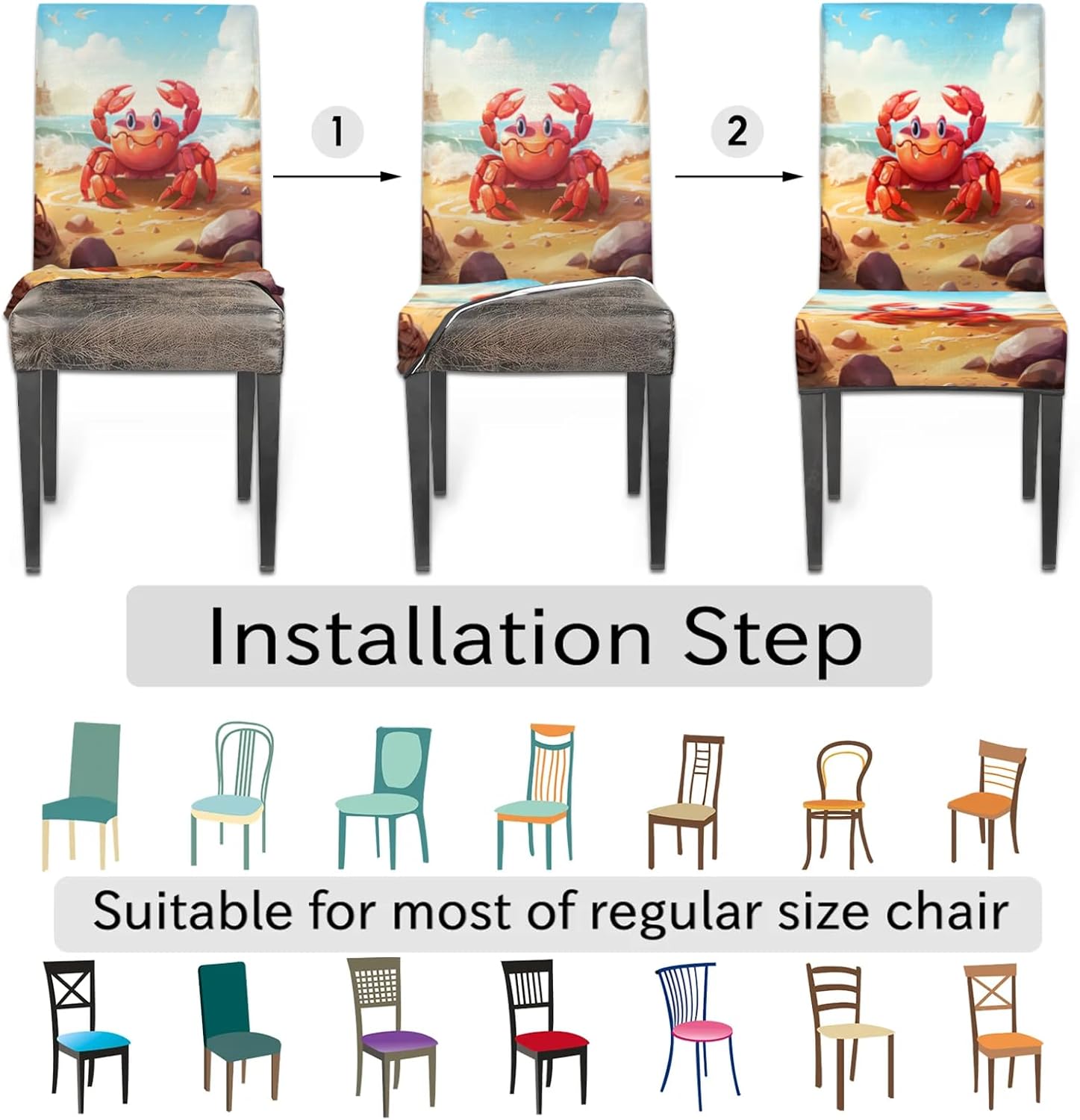 QsirBC Ocean Crab Cartoon Stretch Dining Room Chair Covers Set of 6 Chair Slipcovers Removable Washable Kitchen Seat Covers Chair Protectors for Hotel Party Wedding