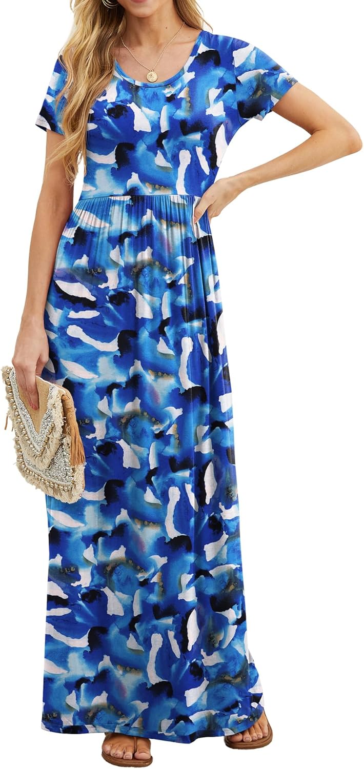 GRECERELLE Women Summer Casual Maxi Long Dress Short Sleeve Crew Neck with Pockets, Size S-3XL - Image 2