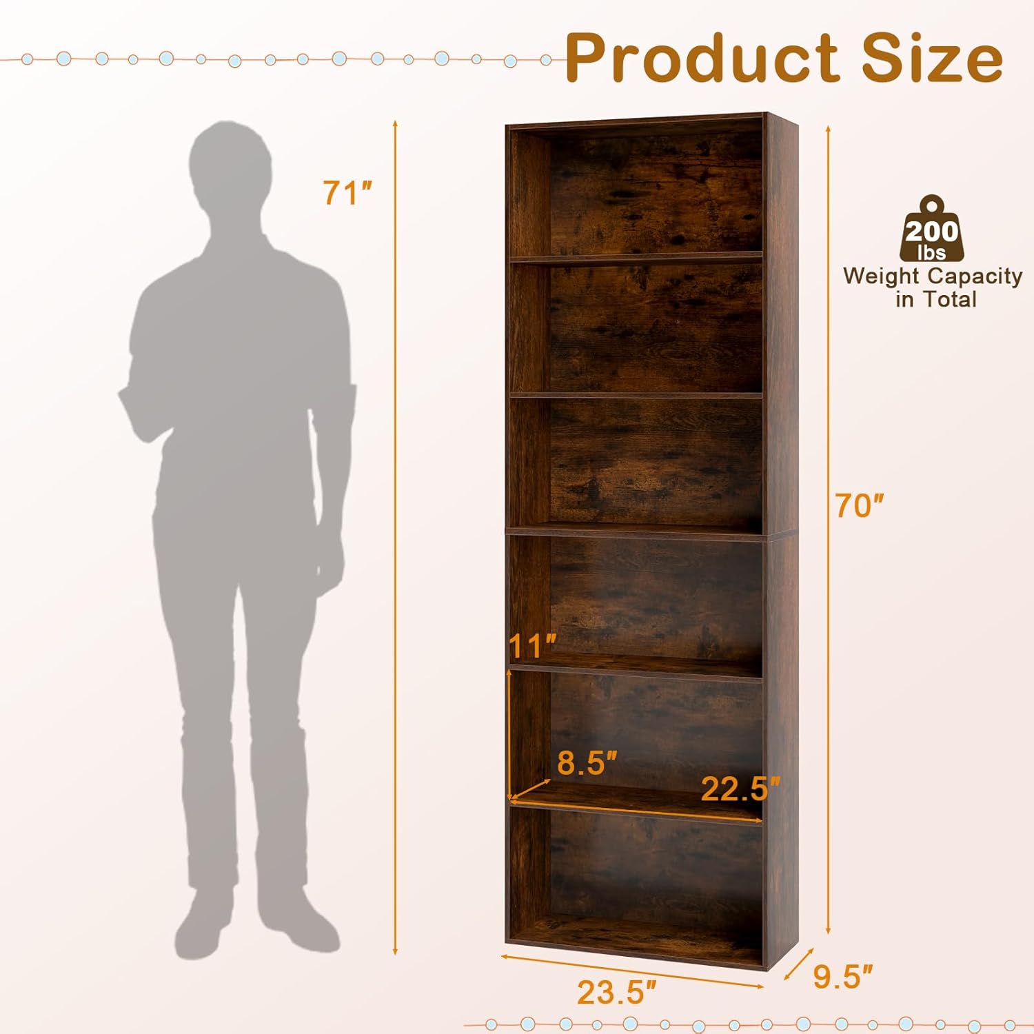 Diagram showing the dimensions of the Tangkula 6-Tier Bookcase, including its height of 70 inches, width of 23.5 inches, and depth of 9.5 inches. It also indicates a total weight capacity of 200 lbs.