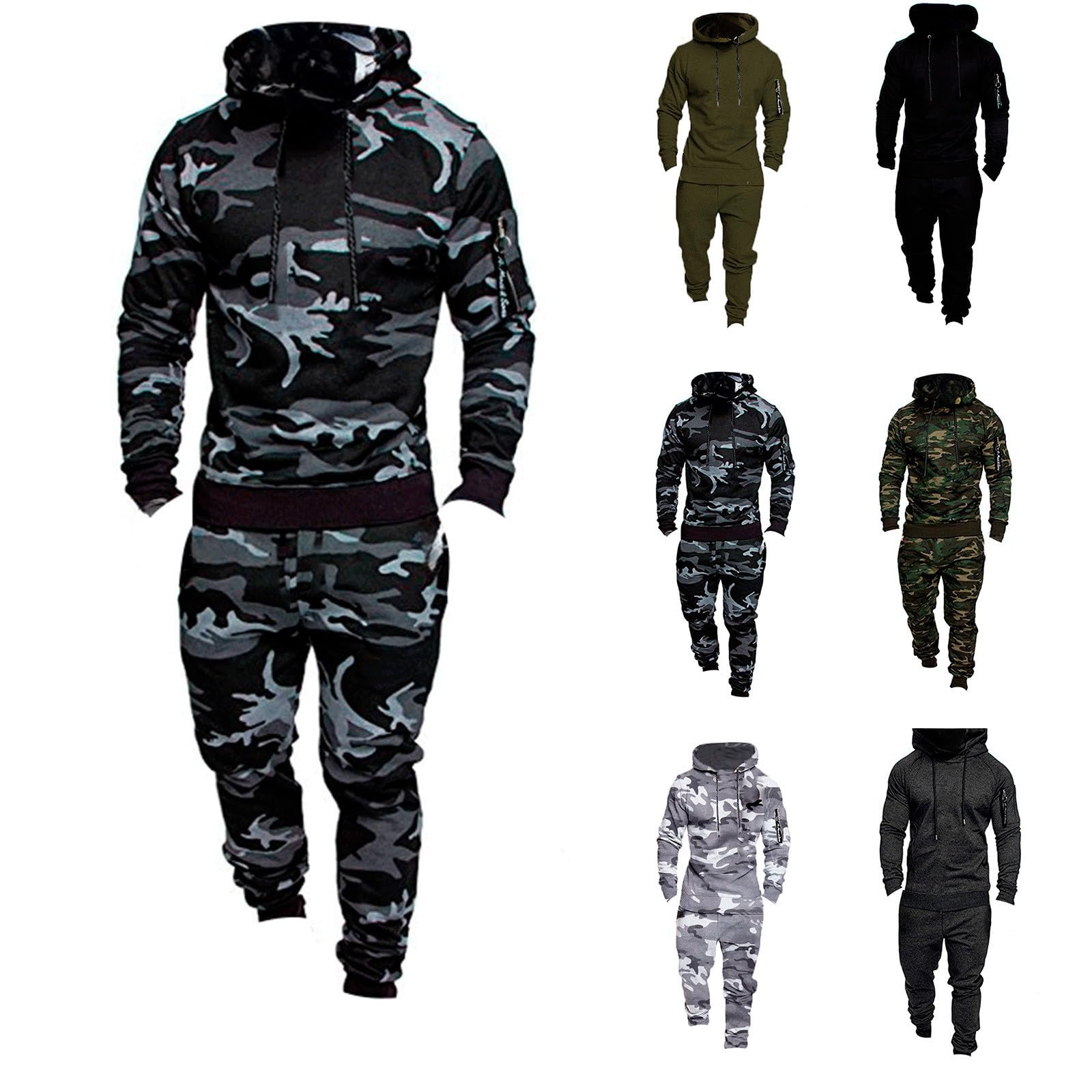 Generisch Ensemble de survêtement camouflage pour homme, 2 pièces, sweat à capuche et pantalon de jogging, veste à capuche, pantalon de jogging, gym, course, streetwear, M-3XL