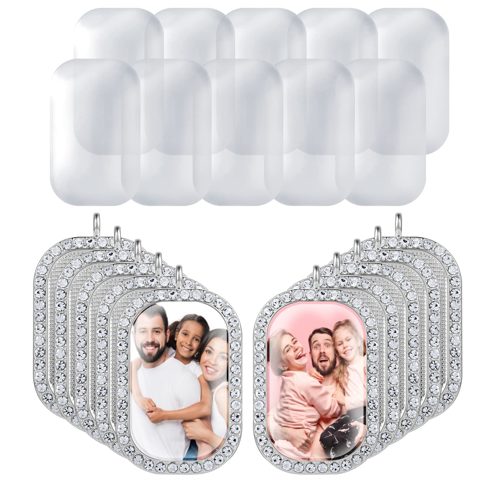 KASTWAVE Sublimation Rhinestone Bezel Tray Set, 10 Pcs Bezel Pendant Blanks Settings with Glass Cabochons, DIY Jewelry Making Photo Charms