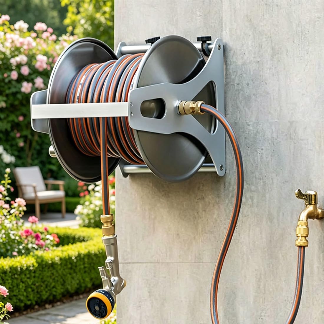 Qiancruxtacy B Garden Hose Reel Wall Mount, Comes With Anti-Urst Pvc Hose, Rass Fittings, 2.5M Inlet Water Pipe & High-Pressure Multi-Mode Spray Gun, For Watering Vegetables, Washing Vehicles -15M