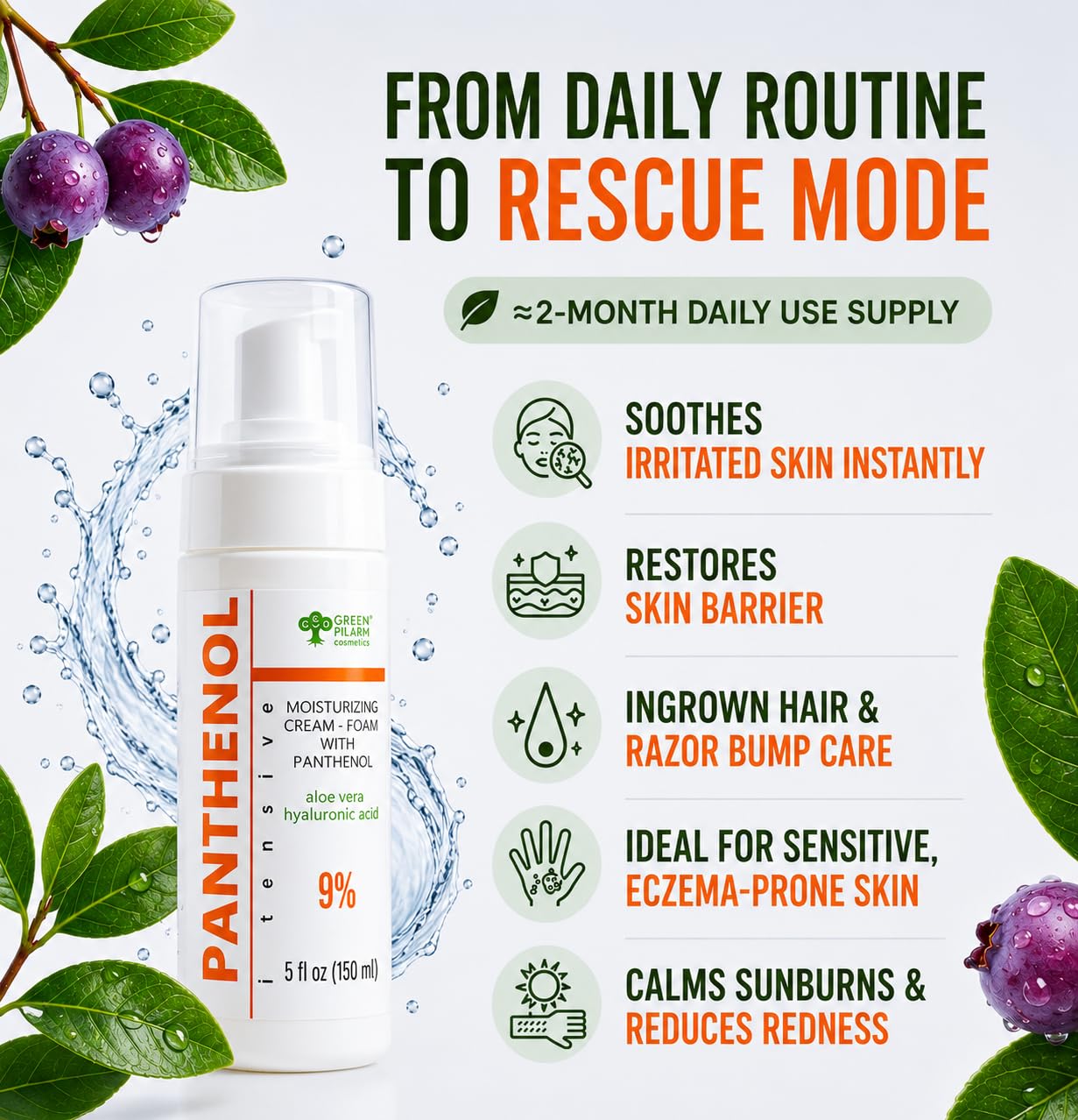 9% Panthénol Spray Moussant & Crème Vitamine B5 pour Peau Sensible - Hydrate & Apaise Après Soleil, Greffe de Cheveux, Soin Tattoo, Érythème Fessier & Rougeurs