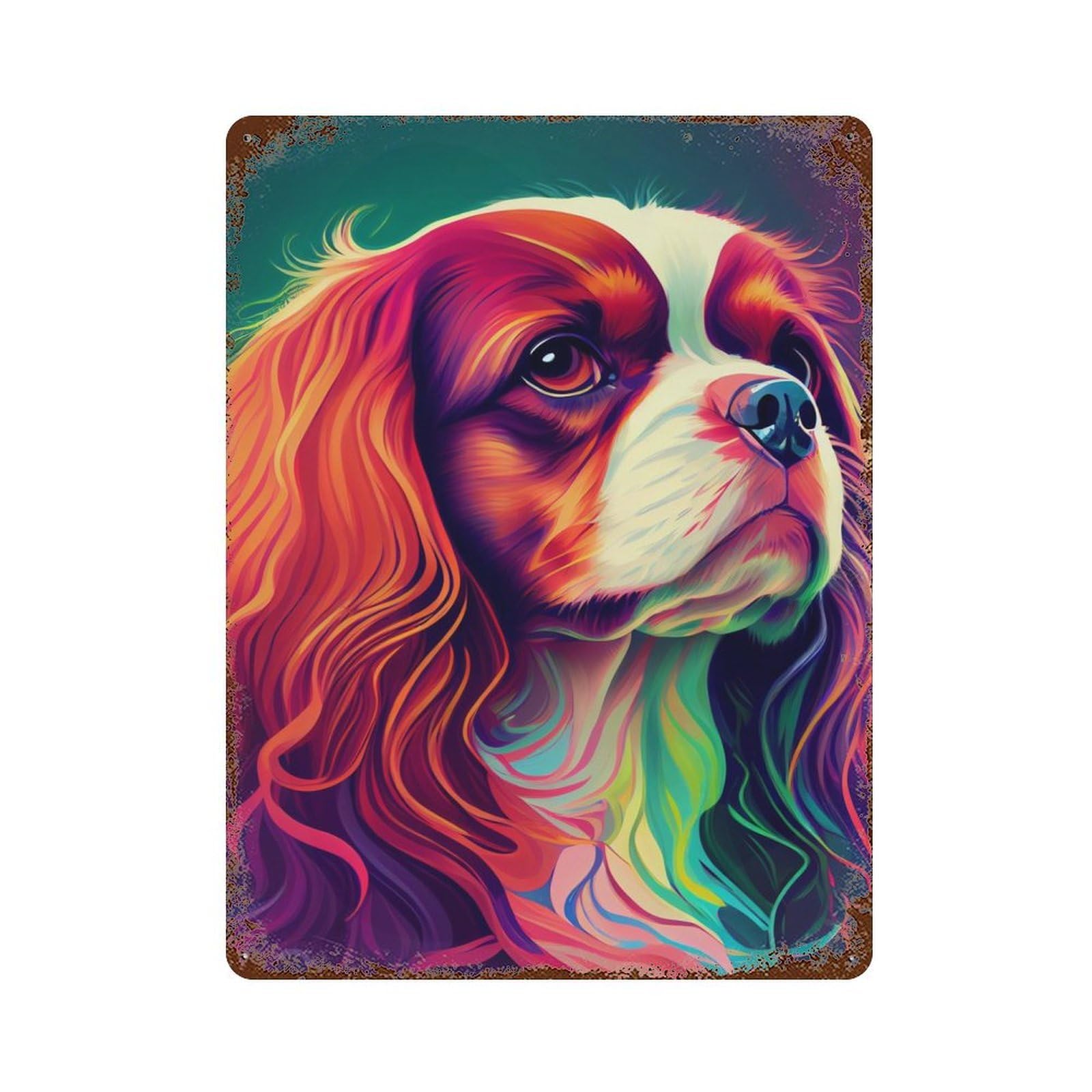Rust Effect Cavalier King Colorful Dog Aged Metal Wall Plaque 15.7"x11.8", Rustic Home Decor for Bistro, Counter And Cafe Decor