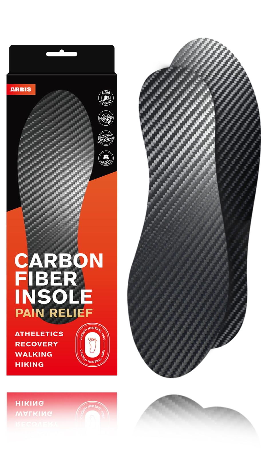 ARRIS Carbon Fiber Insole (1 Pair) - Carbon Fiber Foot Plate for Turf Toe, Foot Fractures, Hallux Rigidus and Limitus - Rigid Shoe Insert for Sports -
