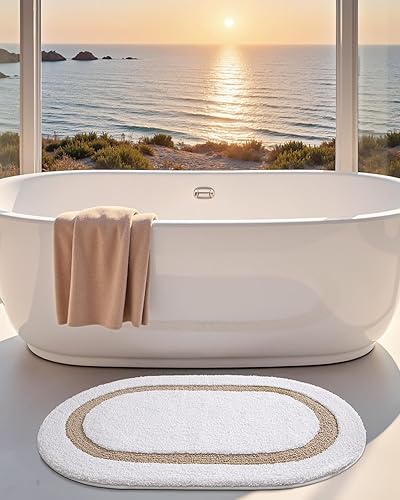 Miniatura 3 de LUMI Alfombra de baño ovalada blanca, 24 x 36 pulgadas, antideslizante, lavable, alfombra de baño suave y absorbente con microfibra de secado rápido