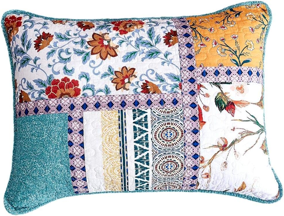 Tache Cotton Patchwork French Country Old World Vintage Botanical Floral Hummingbirds Garden Quilted 20x30 Queen Pillow Sham 1 Piece