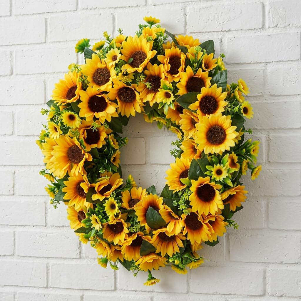 Sunflower Wreath for Front Door, 24" Aritificial Summer Floral Wreath, Rustic Farmhouse Home Decor for Wall, Porch, Wedding