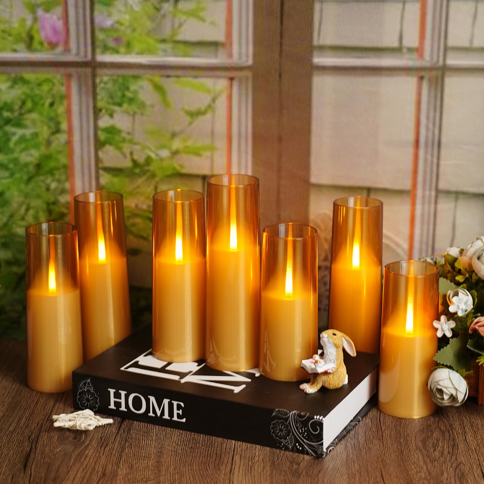 kakoya Candele elettriche a LED senza fiamma, realistiche, con fiamma tremolante, 7 pezzi, candele a batteria con timer remoto, candele a pilastro a LED per decorazione domestica, Natale e feste (oro)