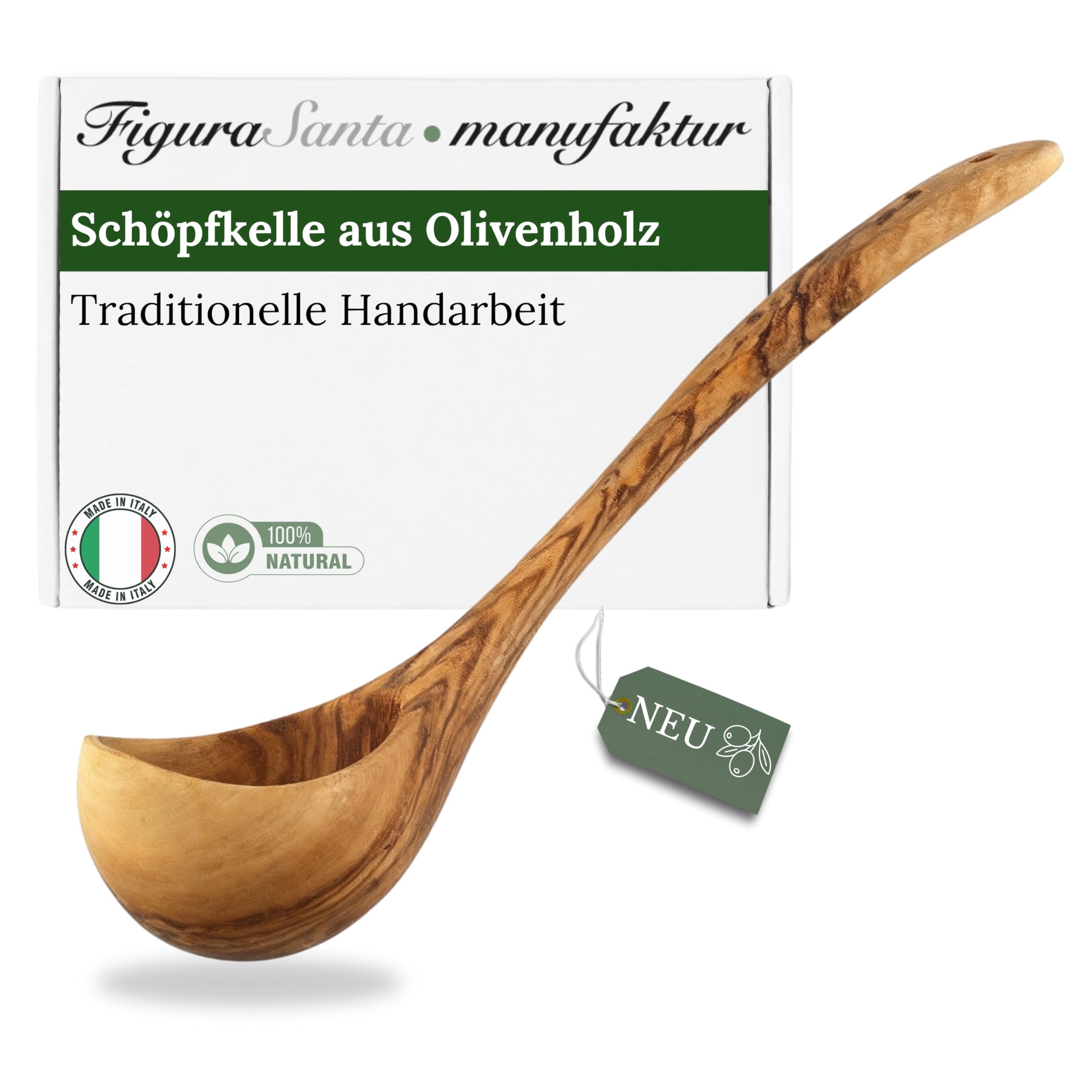 Figura Santa Schöpfkelle Olivenholz- hochwertige Suppenkelle, Schöpfkelle, Saunakelle aus Italien, handgefertigt seit 1988 (30cm)