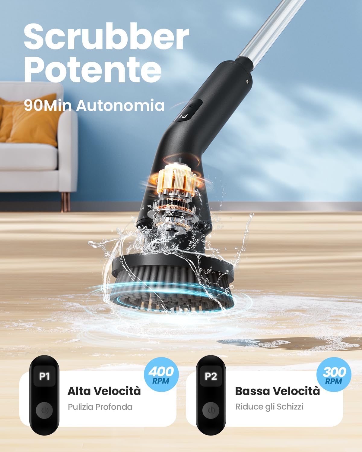 Leebein Spazzola Rotante Pulizia Casa, Spazzola Elettrica per Pulizia, Impermeabile IPX7 con 7 Testine, Manico Estensibile e 2 Velocità per Bagno, Pavimenti e Cucina