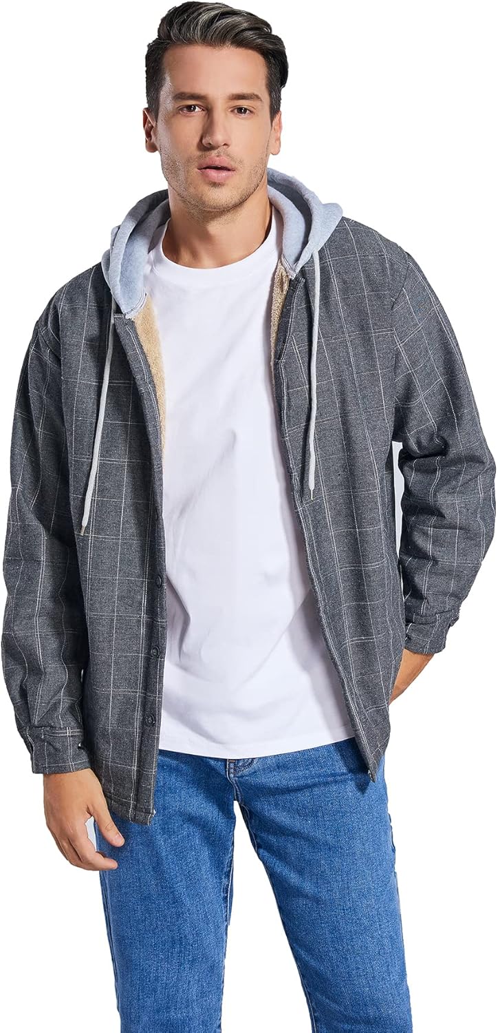 Men's Cotton Plaid Shirts Jacket Fleece Lined Flannel Shirts Sherpa Button Down Jackets with Hood for Men - Image 4