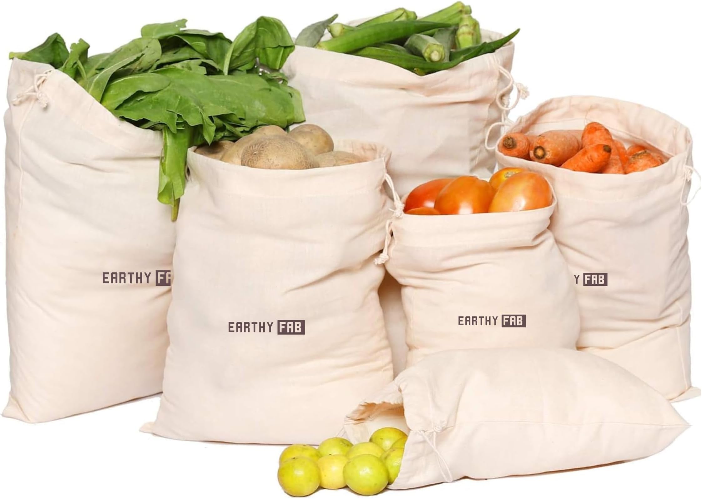 100% Cotton Fridge Storage Bag for Vegetables and Fruits Storage. Multipurpose, Reusable, Eco Friendly. Set of 6 Fridge Bags.