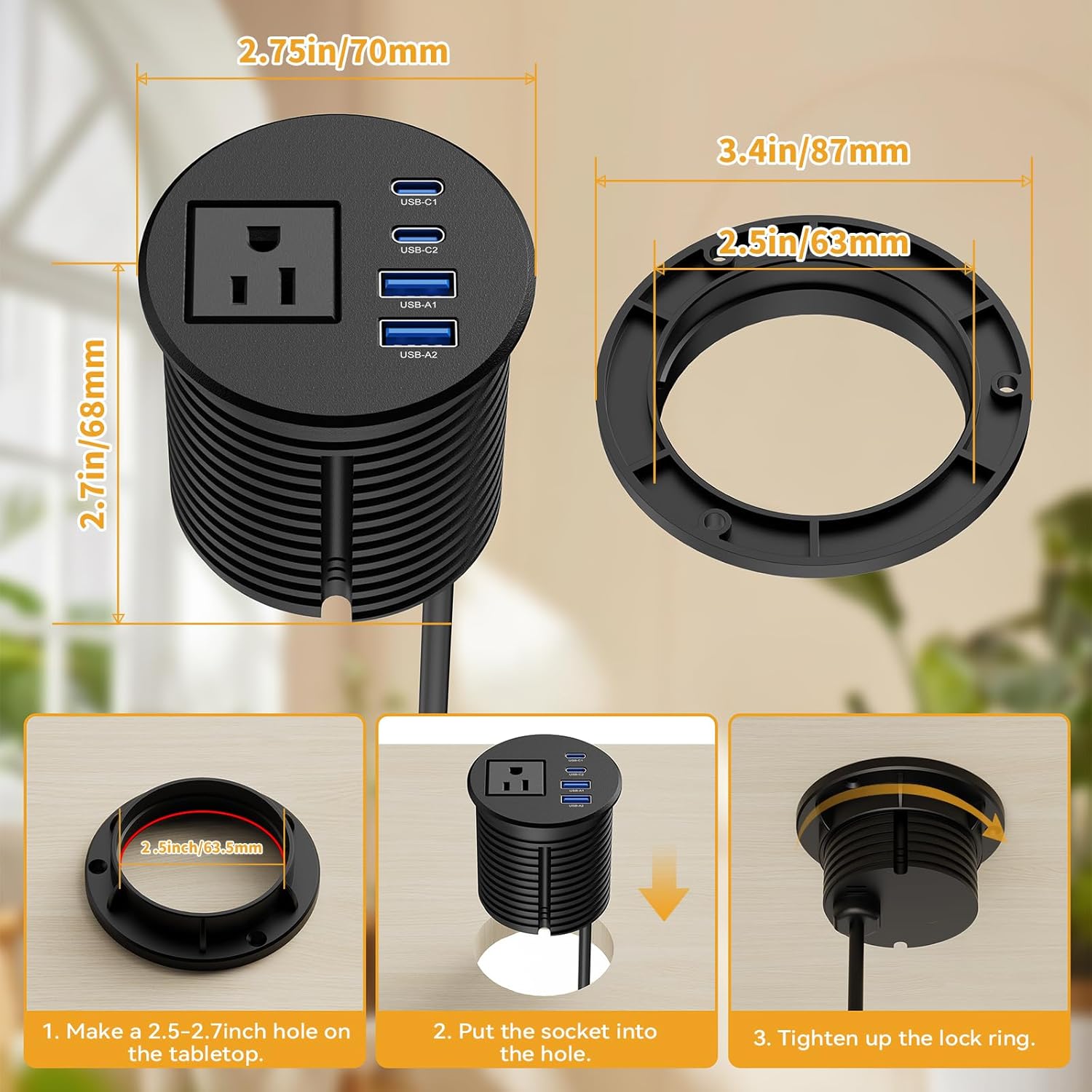 2.5-inch Desk Power Grommet, Recessed Power Grommet with 20W USB C, 1 Outlet, Flush Mount Power Outlet for Desktop Conference Room Furniture Table, Black