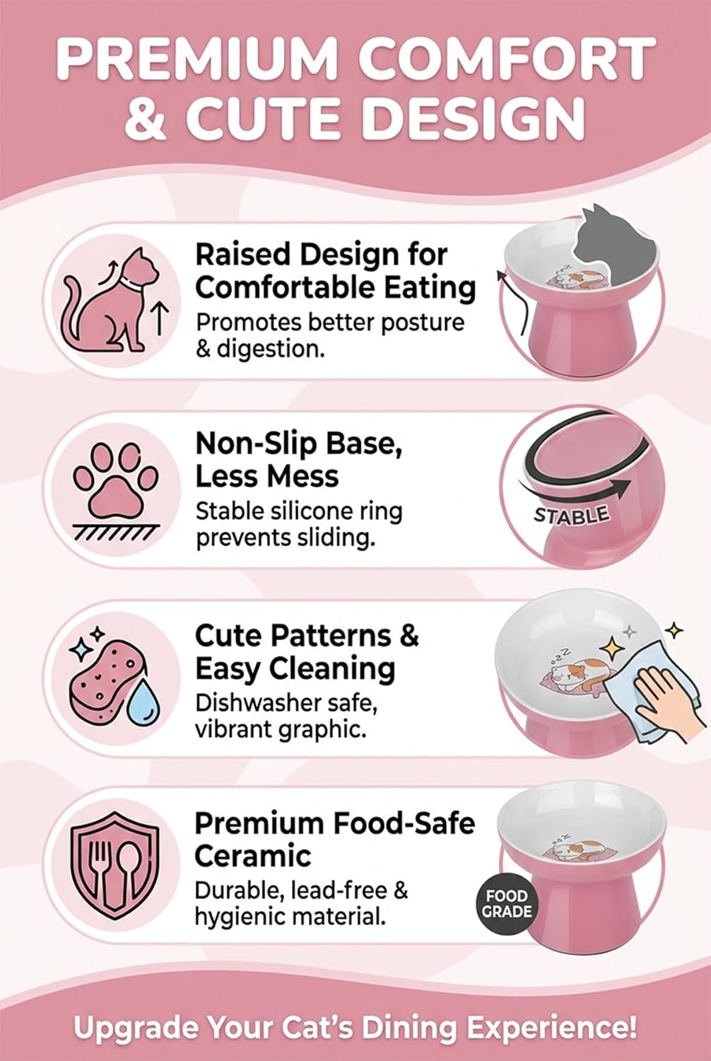 Elevated Cat Food Bowls 2 Pack,Ceramic Raised Cat Bowls with Non-Slip Base,Whisker Friendly Shallow Design for Dry & Wet Food,Anti-Vomiting Cat Feeder,Dishwasher & Microwave Safe (Pink&Blue)