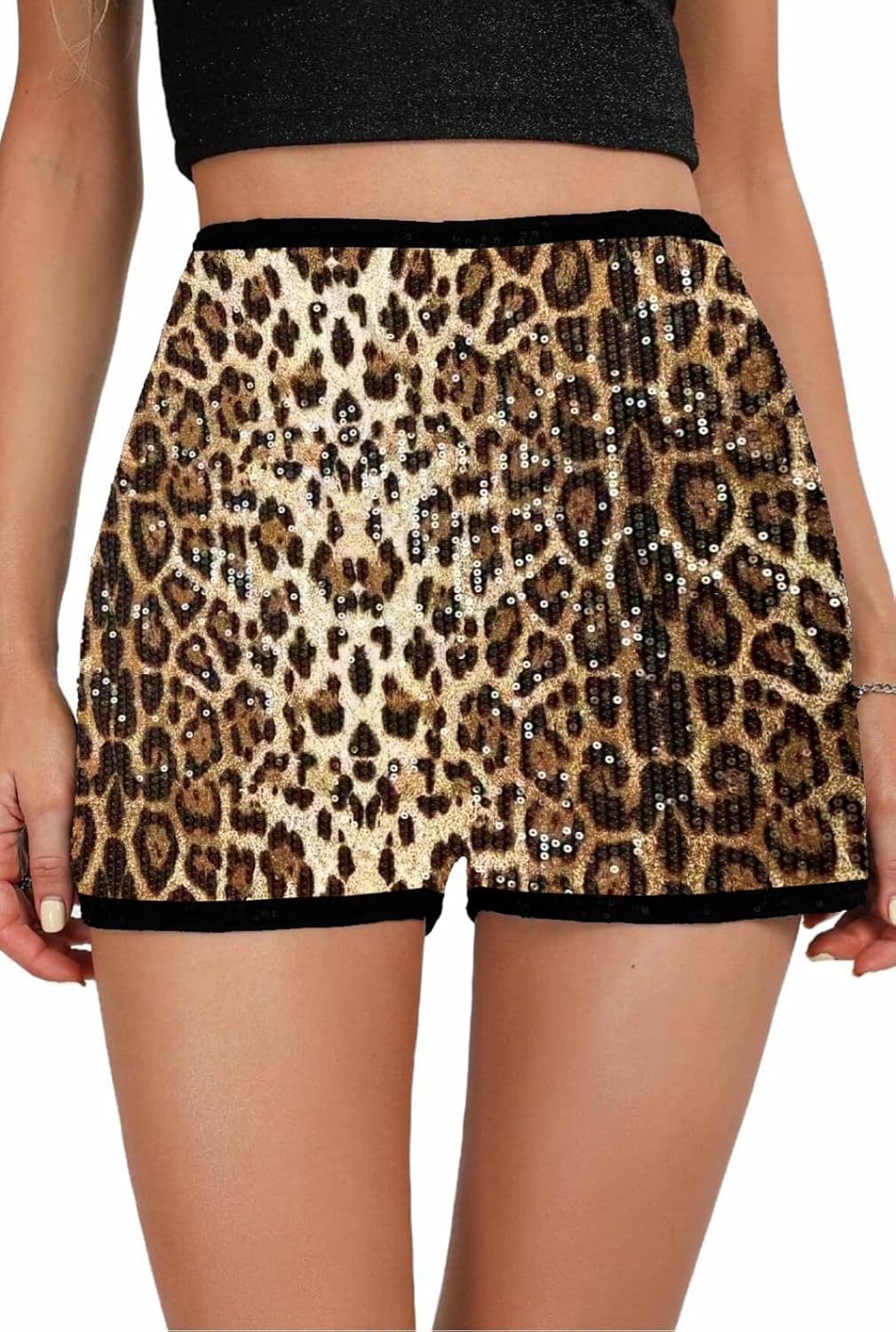Sequin Shorts for Women, High Waisted Elastic Straight Leg Hot Pants, Party Concert Glitter Sparkle Rave Shorts
