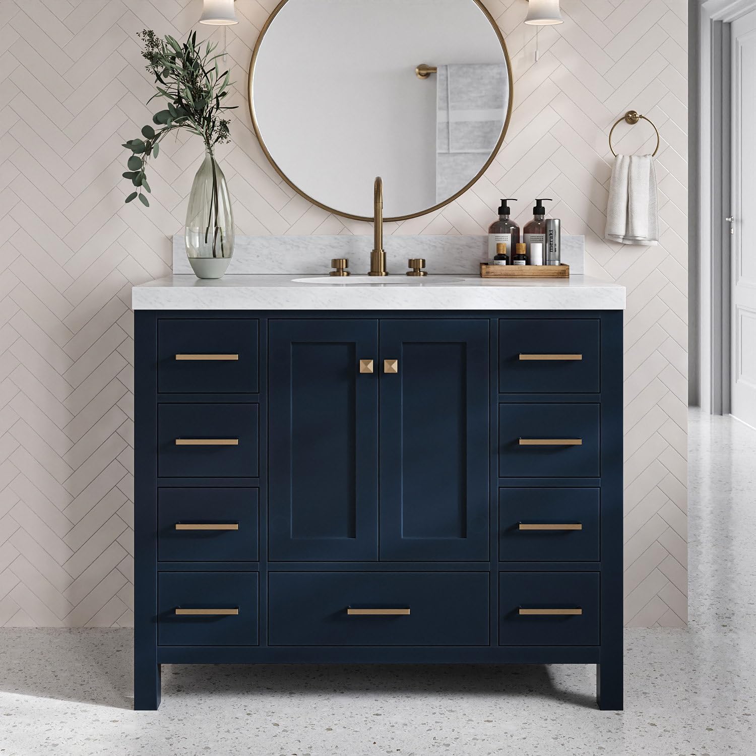 DKB Beckford 42" Midnight Blue Bathroom Vanity with Sink, 2" Edge Italian Carrara Marble Countertop, Oval Undermount Sink, 2 Soft Closing Shaker Doors, 9 Dovetail Drawers