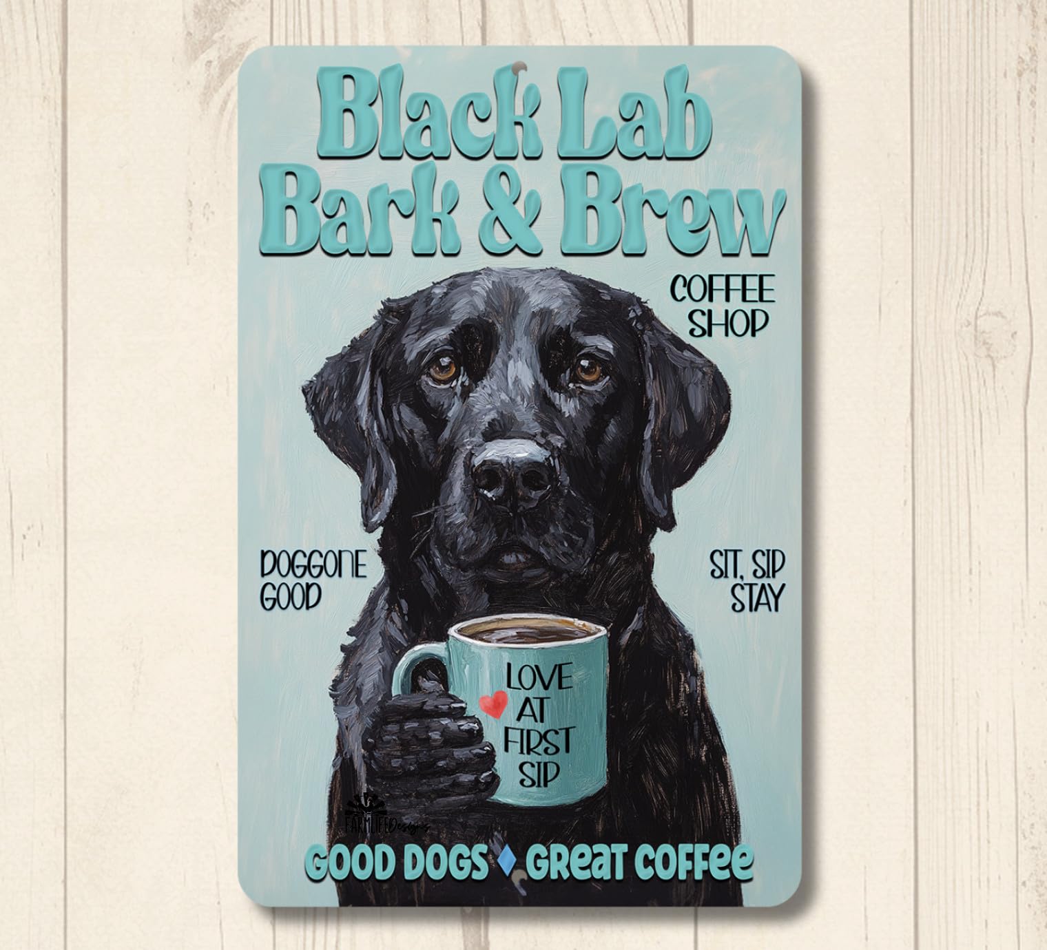 Black Lab Coffee Bar Sign Bark & Brew labrador retriever dog funny metal tin home decor
