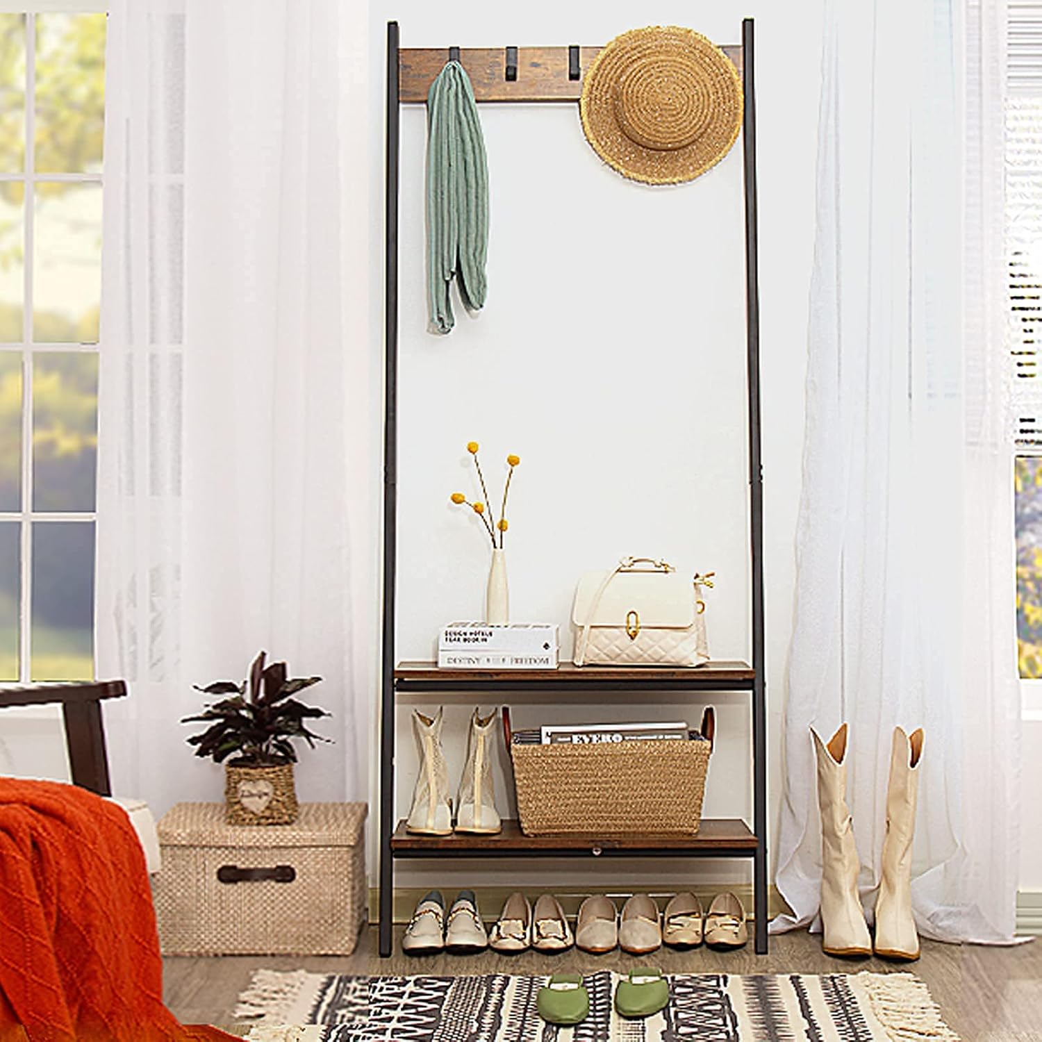 New Product BEEWOOT Coat Rack with Shelf, Small Hall Tree with Shoe Bench, Ladder Shelf Wood, Coat Tree, Rustic Brown CR02BB006