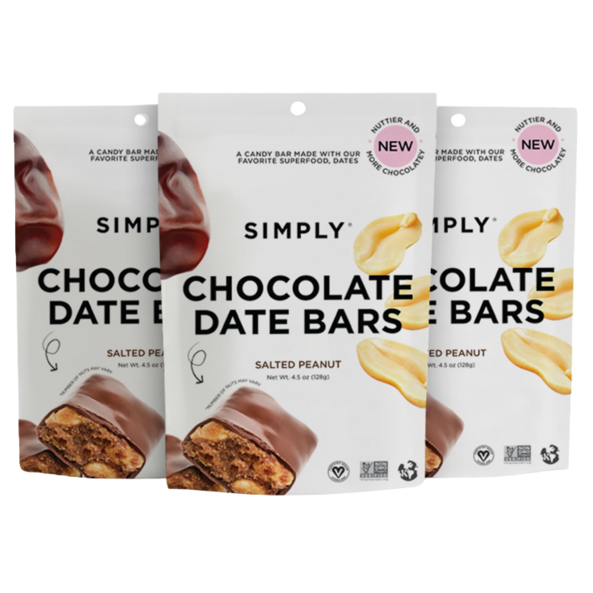 Simply Candy Bars | Chocolate Date Bar | Salted Peanut | Vegan + Non-GMO (4.5 oz (Pack of 3))