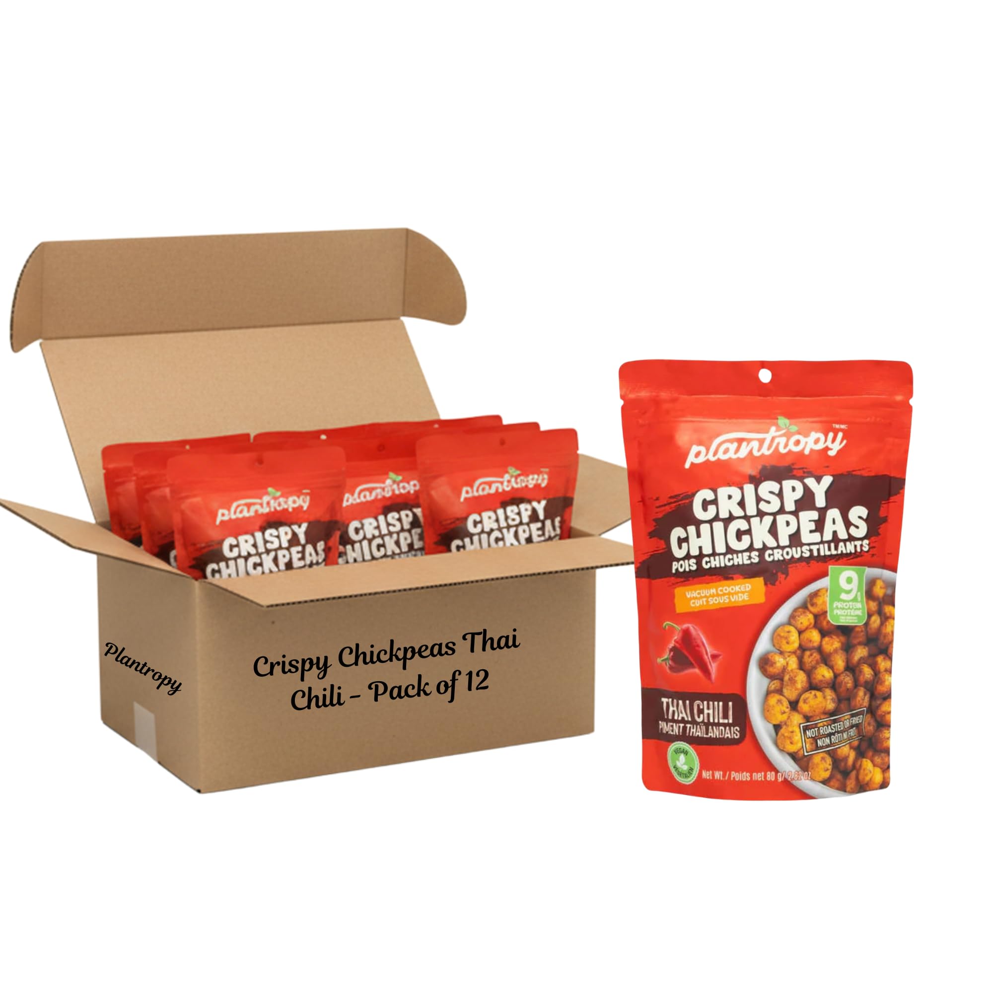Plantropy Crispy Chickpeas Thai Chili 80g (Pack of 12) – Plant-Based, Gluten-Free, Cholesterol-Free, Rich in Fibre, Zero Trans Fat