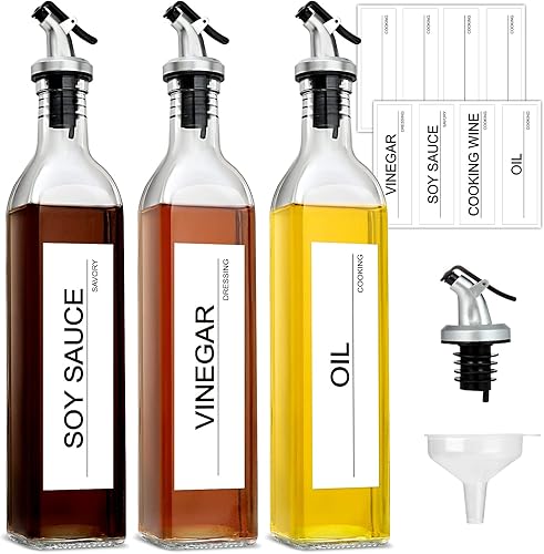 GMISUN Dispensador de aceite de oliva y botella de vinagre, paquete de 3 unidades de 17 onzas, para cocina, recipiente de aceite de cocina de vidrio