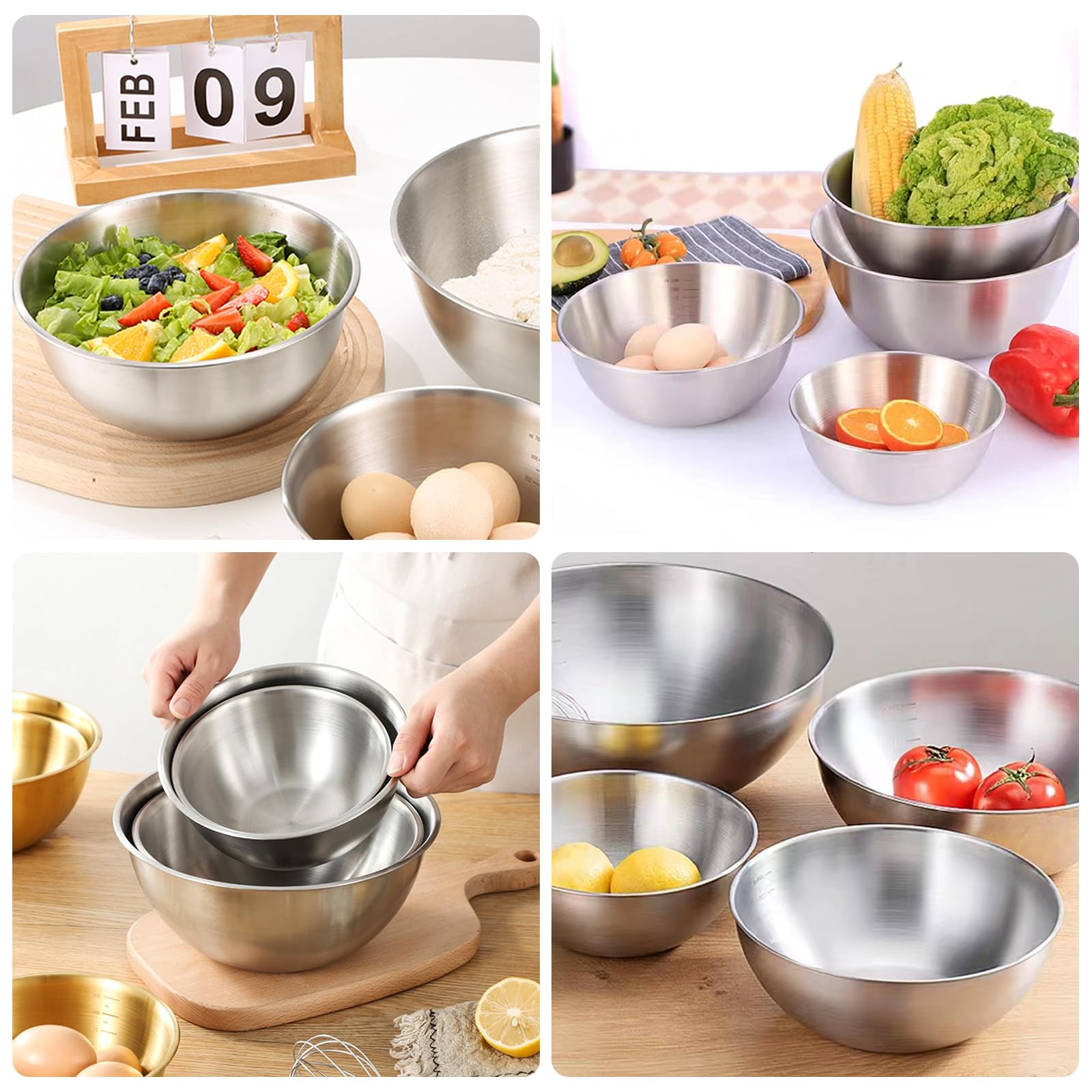 Set Di 6 Ciotole in Acciaio Inox, Ciotola Insalatiera, Ciotole Acciaio Inox con Misurazione, Lavabili in Lavastoviglie, Impilabili, per Ciotola di Cereali, Salse, Snack, Mescolare (1.2L, Ø 19.3 cm)