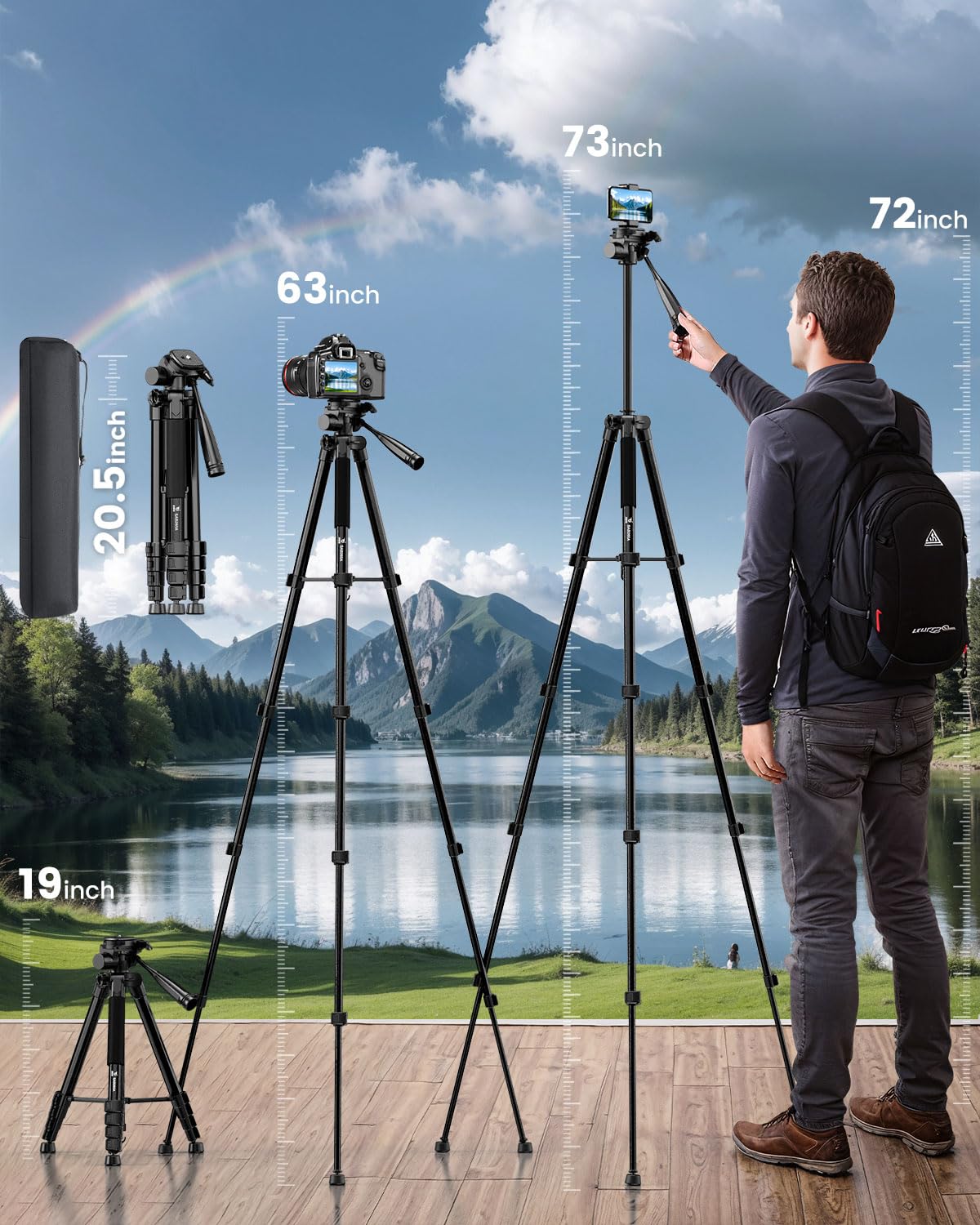 Treppiede per fotocamera da 185,4 cm, compatibile con GoPro/DSLR/cellulare/videocamera, treppiede professionale in alluminio con supporto per telefono, borsa da viaggio, carico massimo 4 kg (nero)