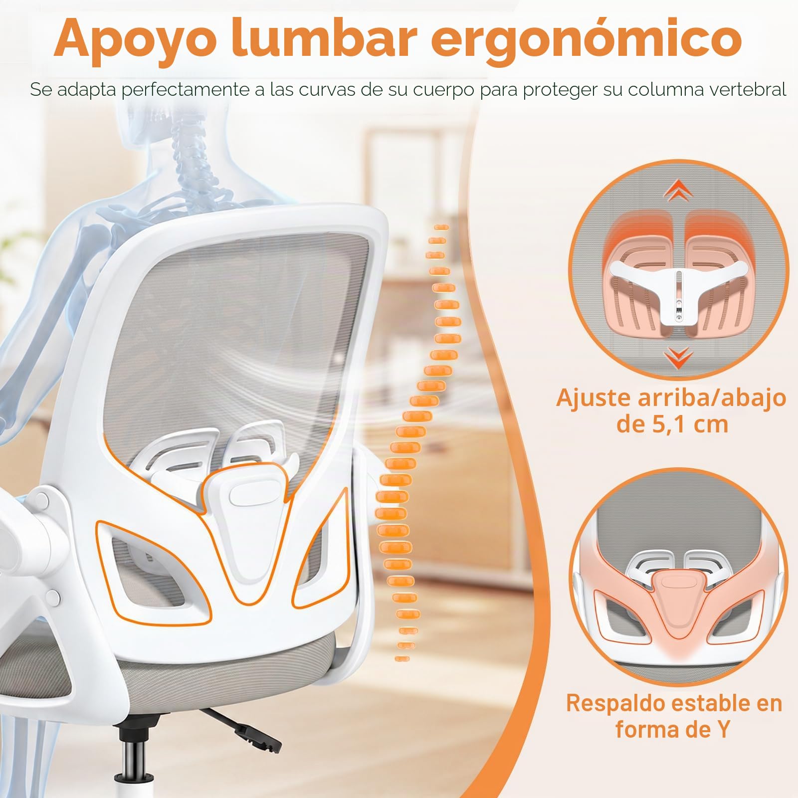 ORRSAKER Silla de oficina alta con brazos abatibles, silla de escritorio ergonómica de malla con anillo de altura ajustable y soporte lumbar, capacidad de 300 libras, color gris