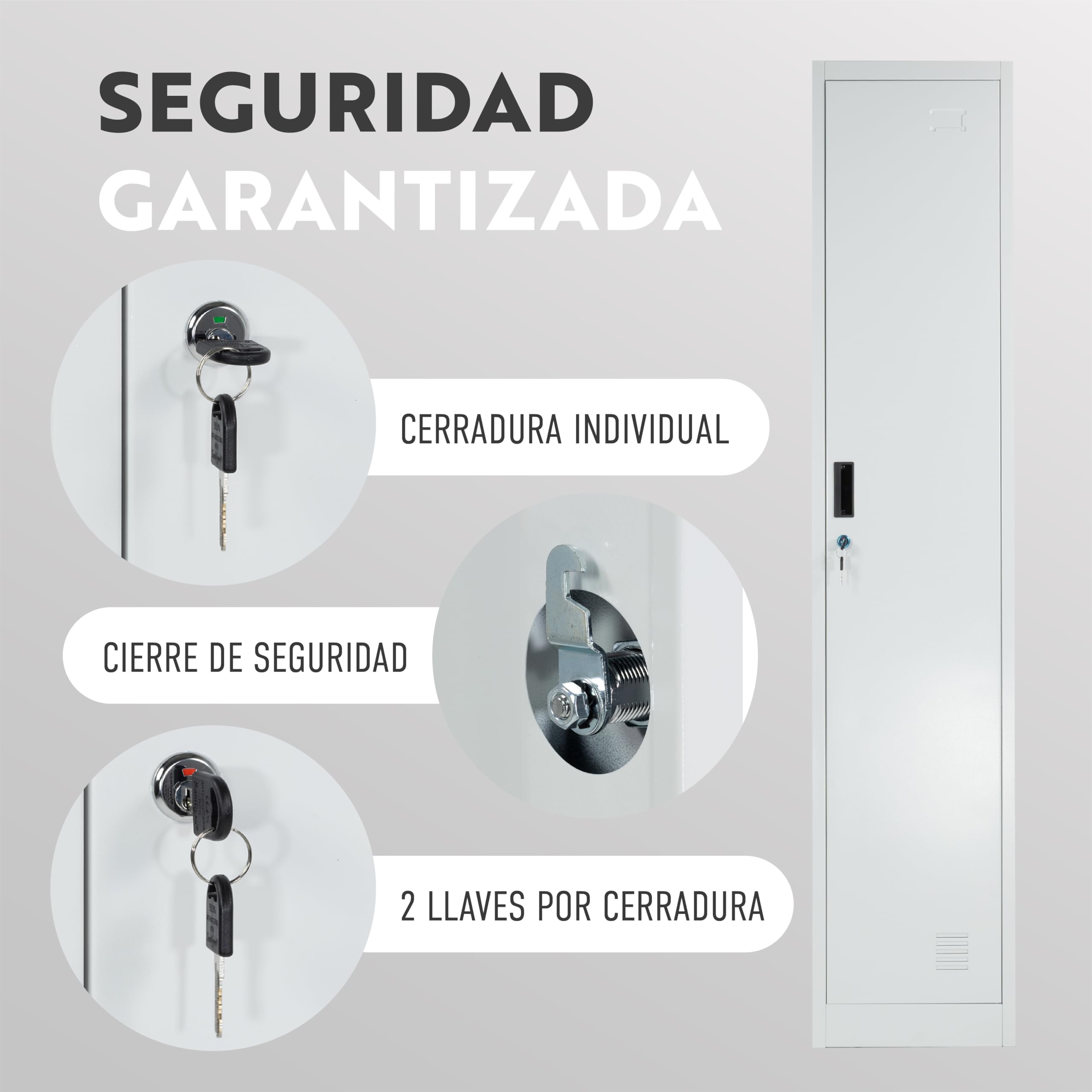 Taquilla Vestuario metálica 1 Puerta Blanca RAL 9016-185x38x45 cm con Cerradura, balda y Barra Interior - Incluye Llave | Armario metálico Estrecho Garaje Oficina Locker
