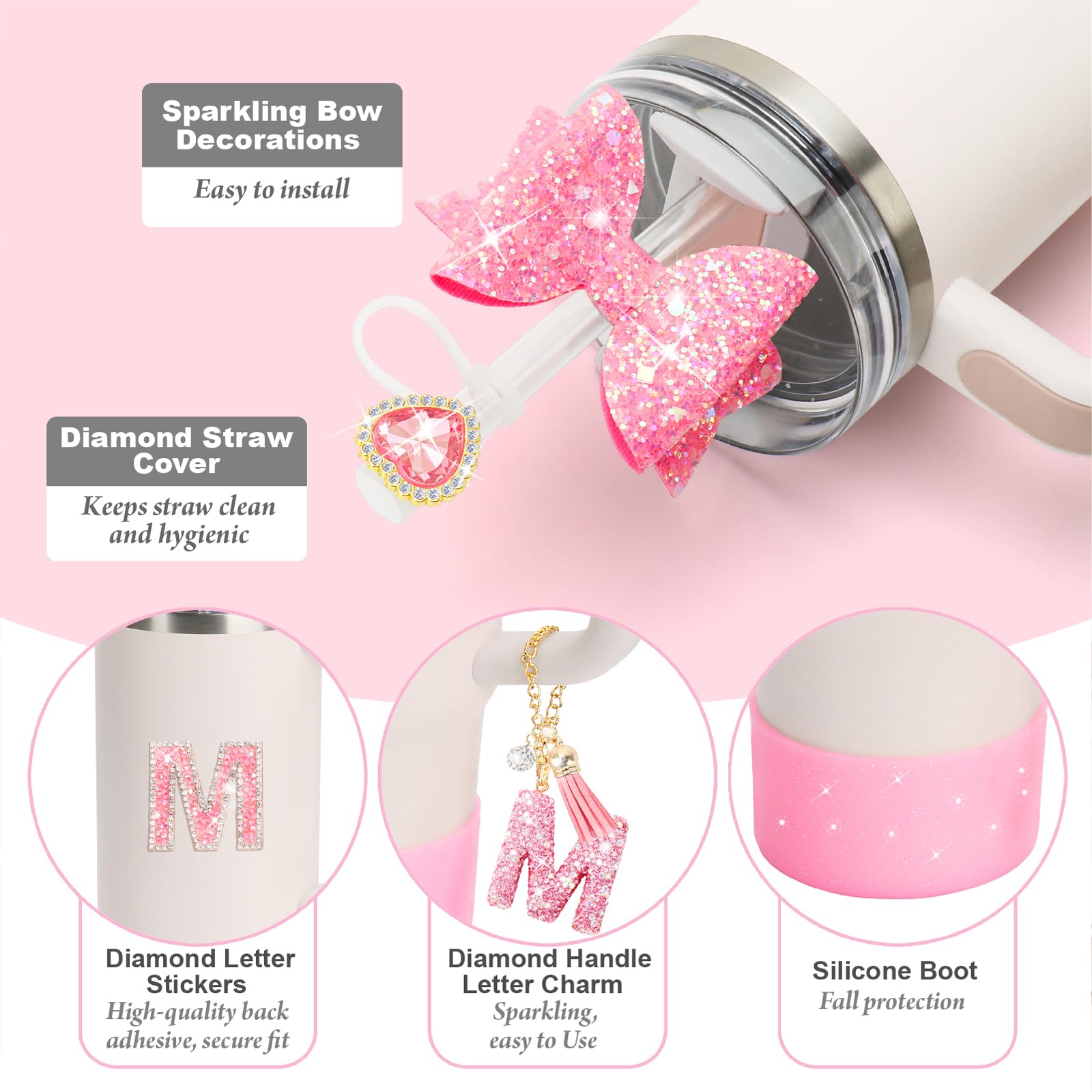 RENUIS Bling Stanley Cup Accessories Set For 40oz & 30oz Tumblers - Bow Straw Topper, Handle Strap, Silicone Boot & Charms