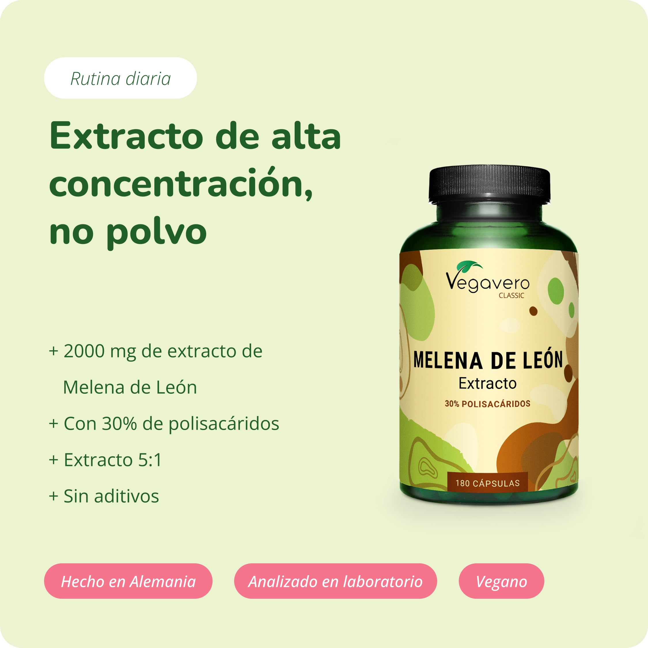 Vegavero Hericium Melena de León | 2000 mg de Extracto 5:1 | 180 Cápsulas