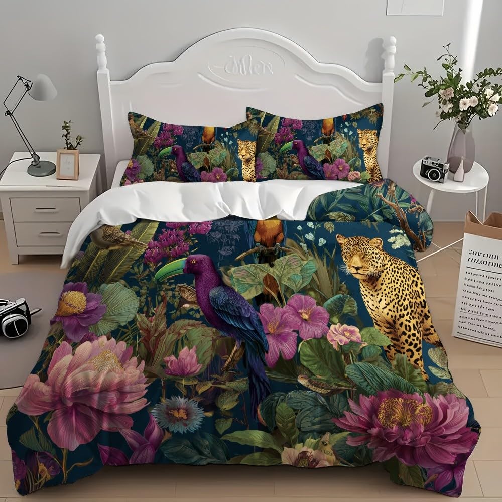 Pościel 240 x 220 cm, tropikalna pościel z motywem gepardu, papugi, kwiaty, 100% mikrofibra, nie wymaga prasowania, nie gniecie się, można prać w pralce, kolorowa, dwustronna, z poszewką na poduszkę
