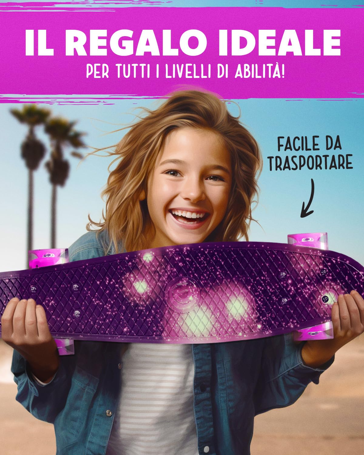Deleven Skateboard 56cm con Ruote LED, Tool per Skate e Cuscinetti Abec 7 - Per Bambini Principianti Ragazze Ragazzi Adolescenti Adulti
