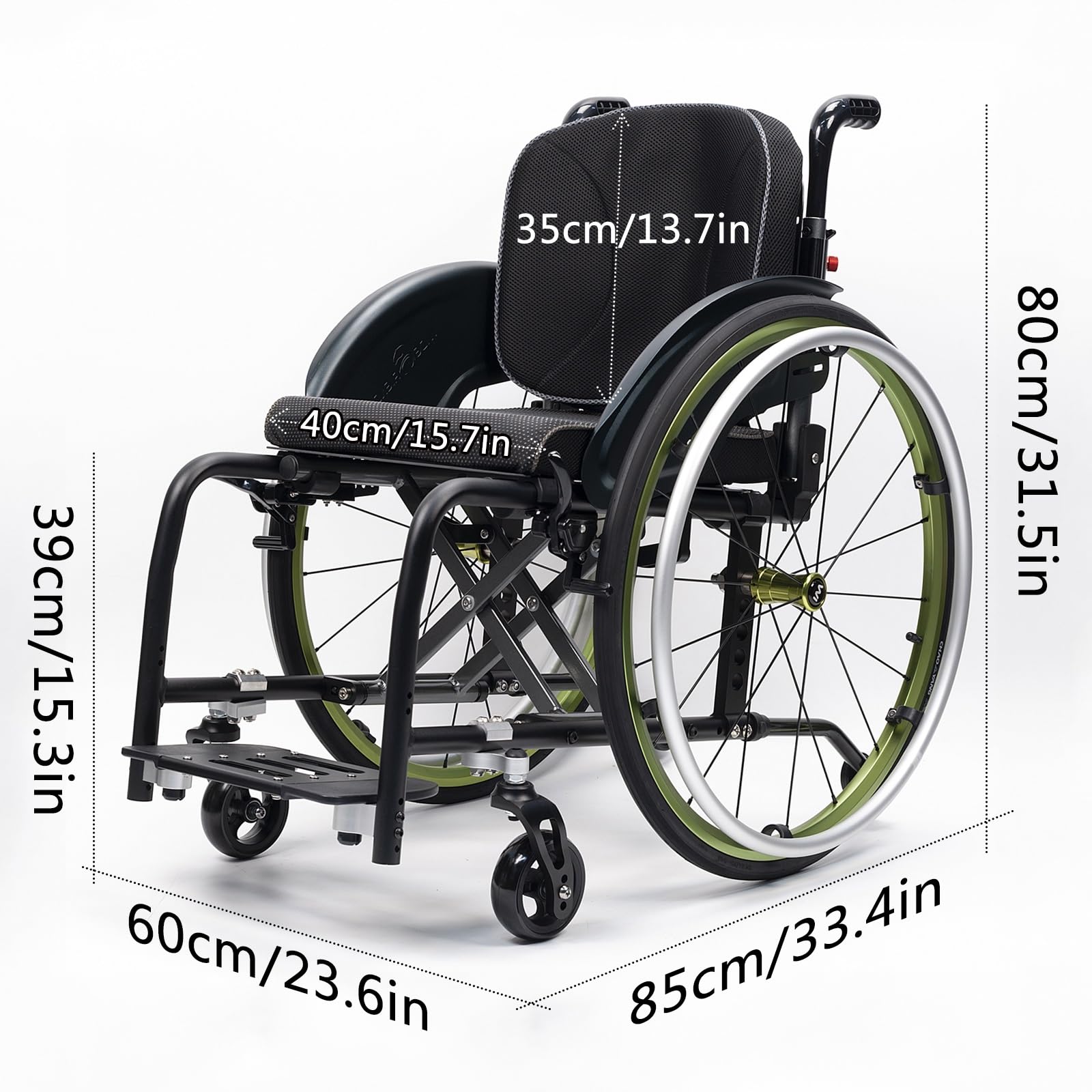 Silla de ruedas manual ligera, silla de ruedas deportiva ultraligera portátil todo terreno, silla de ruedas plegable, sillas de ruedas de transporte con antivuelco(Green B,40cm/15.7in)