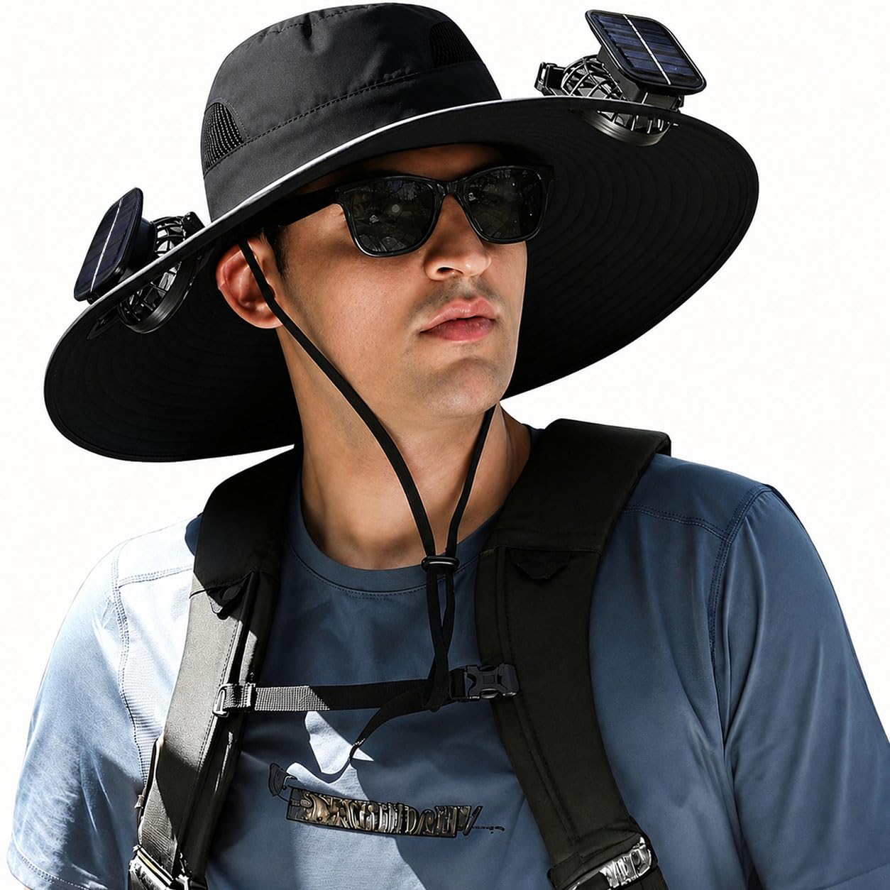 Photo 1 of Solar Fan Hat with 2 Removable Fans, Wide Brim UPF 50+ Sun Hat for Men Women, USB Rechargeable Cooling Fishing Bucket Hat for Hiking, Beach, Gardening Black